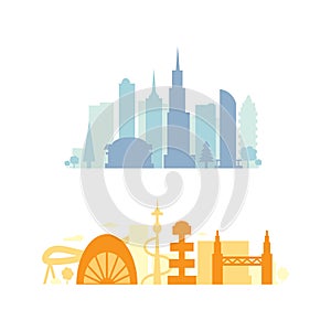 Set city buildings silhouettes. cityscape in future. Modern town elements vector illustration