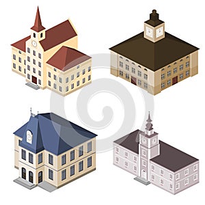 Set of city halls, town halls, residentals, isometric.