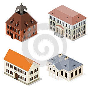 Set of city halls, town halls, residentals, isometric architecture.