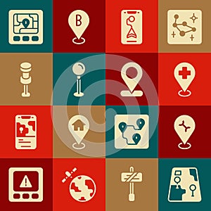 Set City map navigation, Car service, Medical location with cross, Push pin, Gps device and Location icon. Vector