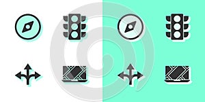 Set City map navigation, Compass, Road traffic sign and Traffic light icon. Vector