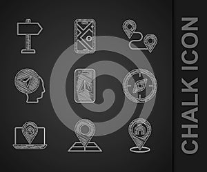 Set City map navigation, Folded with location marker, Location house, Compass, Map human, Route and Road traffic sign