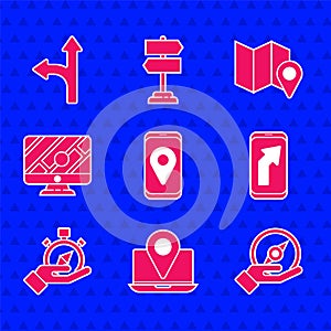 Set City map navigation, Laptop with location marker, Compass, Monitor, Folded and Road traffic sign icon. Vector