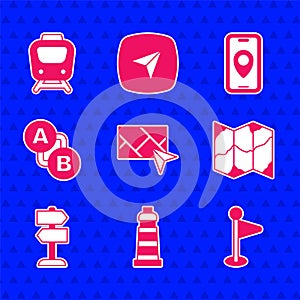 Set City map navigation, Lighthouse, Location marker, Folded, Road traffic sign, Route location, and Train icon. Vector