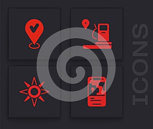 Set City map navigation, Location with check mark, and gas station and Wind rose icon. Vector