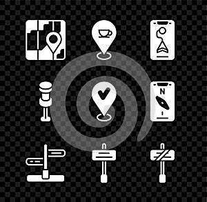 Set City map navigation, Location with coffee cup, Road traffic sign, Push pin and check mark icon. Vector