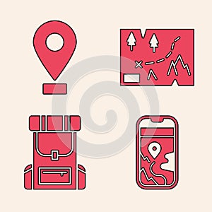 Set City map navigation, Location, Folded map with location and Hiking backpack icon. Vector
