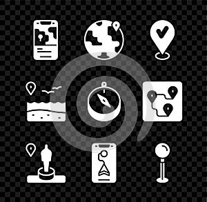 Set City map navigation, Location the globe, with check mark, and monument, Push pin, beach and Compass icon. Vector