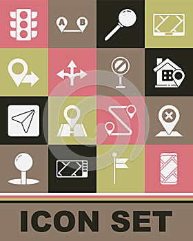 Set City map navigation, Location, with house, Push pin, Road traffic sign, Traffic light and Stop icon. Vector