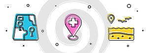 Set City map navigation, Medical location with cross and Location beach icon. Vector