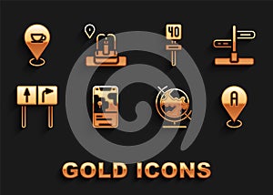 Set City map navigation, Road traffic sign, Location, Earth globe, with coffee cup and fountain icon. Vector