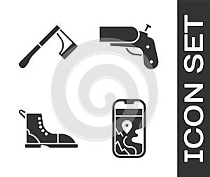 Set City map navigation, Wooden axe, Hiking boot and Flare gun pistol icon. Vector