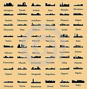 Set of 48 City silhouette in Japan (Tokyo, Hiroshima, Hamamatsu, Fukuoka, Okazaki, Toyota, Kawasaki, Kyoto, Umeda,) photo