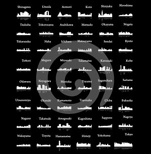 Set of 48 City silhouette in Japan (Tokyo, Hiroshima, Hamamatsu, Fukuoka, Okazaki, Toyota, Kawasaki, Kyoto, Umeda,) photo