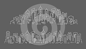 Set of city silhouettes. Cityscape in linear style. Building, town skyline. Panorama. Houses skyscrapers vector