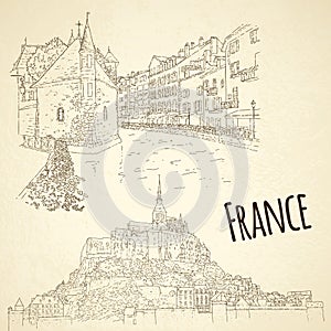 Set of city sketching. Line art silhouette. Travel card. Tourism concept. France, Mont Saint-Michel, Annecy. Vector illustration