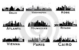 Set of City Skyline Black and White Silhouette.