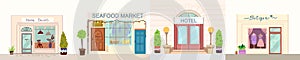 Set of city store building facade. Urban shop with home decor, seafood market, hotel and boutique