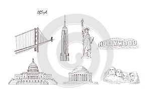 Set of city travel landmarks, tourist attraction in various places of United States of America.