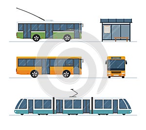 Set of city trolley bus, bus, tram and bus stop isolated on white background.