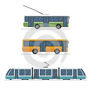 Set of city trolley bus, bus and tram isolated on white background.