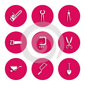 Set Clamp and screw tool, Hacksaw, Shovel, Scissors, Wheelbarrow, Hand, Drawing compass and Chainsaw icon. Vector