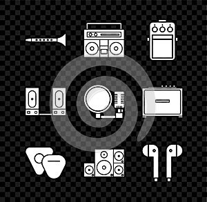 Set Clarinet, Home stereo with two speakers, Guitar pedal, pick, Stereo, Air headphones, and Microphone icon. Vector
