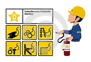 Set of Class D fire icon and the industrial worker hold the Extinguisher tank. Class D fire is fire uses combustible metal as its