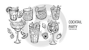 Set of classic alcoholic cocktails. Hand drawn  illustration