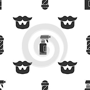 Set Classic Barber shop pole, Hairdresser pistol spray bottle and Mustache and beard on seamless pattern. Vector