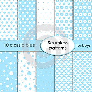 Set of classic blue seamless patterns with dots