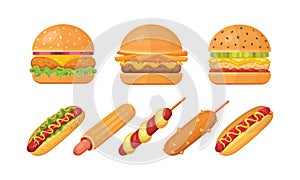 Set of classic burgers with flying ingredients and hotdogs. Vector hamburger and hot dog icons. Fastfood set.