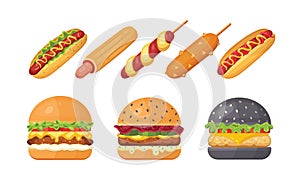 Set of classic burgers with flying ingredients and hotdogs. Vector hamburger and hot dog icons. Fastfood set.