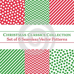 Set of 6 Classic Christmas Coordinating Patterns, Polka Dots, Chevrons, Diagonal Candy Stripes, in Red and Green photo