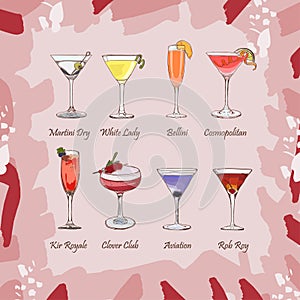 Set of classic cocktails on abstract pink background. Fresh bar alcoholic drinks menu. Vector sketch illustration collection. Hand