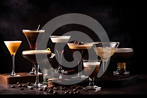 Set of classic coffee based alcohol cocktails such as espresso martini and other trendy cocktails isolated on dark background with photo