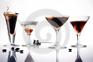 Set of classic coffee based alcohol cocktails such as espresso martini and other trendy soft and long drinks isolated on white photo