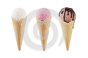 Set of classic flavor ice cream cones in waffle cone - white, pink, brown with chocolate sauce isolated on white.