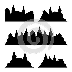 Set of classic medieval castle, fortress, stronghold silhouetes.