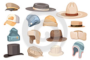 Set of Classic and Modern Male Beanie, Trapper, Top Hat Cylinder, The Poor Boy, Boater and Panama and Baseball or Cowboy photo
