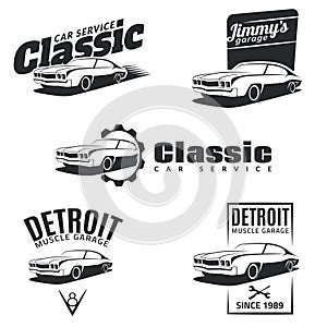 Set of classic muscle car emblems, badges and icons.