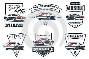 Set of classic muscle car logo, emblems, badges and icons.