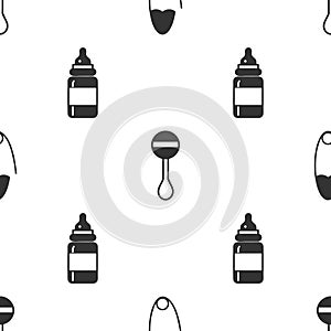 Set Classic steel safety pin, Rattle baby toy and Baby bottle on seamless pattern. Vector
