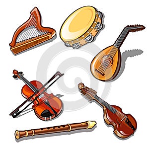 A set of classic strings, percussion and wind musical instruments isolated on white background. Vector illustration.