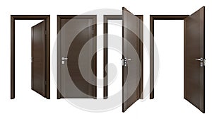 Set of classic style solid wood doors closed and open outside, inside of house room. Simple modern brown wooden doorways for home