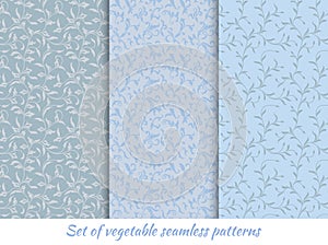 Set of classic vegetable seamless patterns in blue colors.