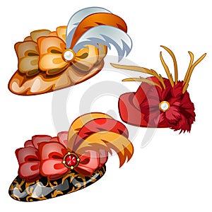 Set of classic woman hats with feathers. Vintage headdresses with lush ornaments. Image in cartoon style. Vector