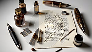 A set of classic writing tools, such as a quill pen and ink, on a white background