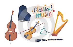 Set Of Classical Musical Instruments. Grand Piano, Cello And Harp Or Violin, Double Bass And Triangle With Clarinet