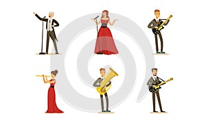 Set of Classical Musicians and Singers, People Playing Musical Instruments and Singing Cartoon Vector Illustration